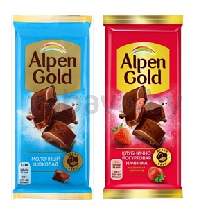 Шоколад Alpen Gold, клубника-йогурт или молочный, 80 г