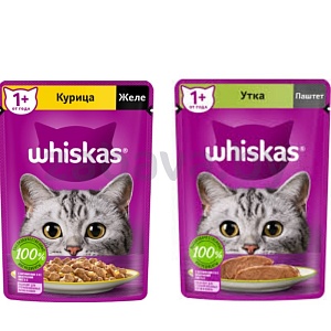 Корм Whiskas, желе курица или паштет утка, 75 г