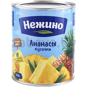 Ананасы «Нежино», кусочки в легком сиропе, 820 г
