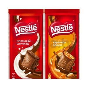 Шоколад Nestle, молочный или молочный с карамелью и арахисом, 82 г