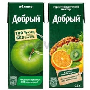 Сок или нектар «Добрый», 0,2 л, яблоко/мультифрукт