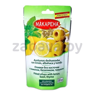 Оливки «Макарена», зел., б/к, с лимон., базил., тимьян., 200 мл