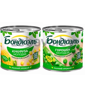 Зеленый горошек нежный «Бондюэль» или кукуруза сладкая, 400/340 г