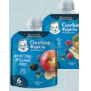 Пюре Gerber, фруктово-ягодн. микс или яблоко-груша-малина-черника, 90 г
