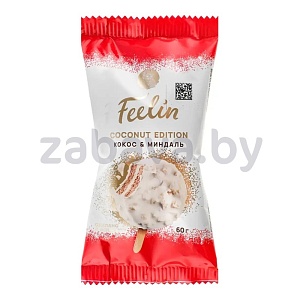 Мороженое пломбир Feelin, двухсл., миндаль и кокос, эскимо, 60 г