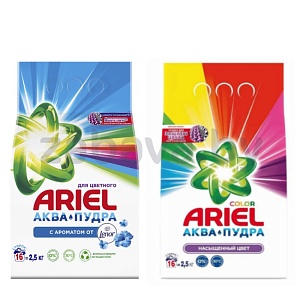 Порошок стиральный Ariel, аквапудра, color насыщенный цвет или с ароматом от Lenor, 2,5 кг