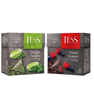 Чай Tess, черный Forest Dream или зеленый Ginger Mojito, 20 пакетиков