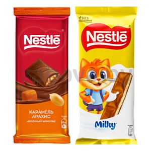 Шоколад молочн. Nestle, milky 82 г или карамель-арахис 75 г