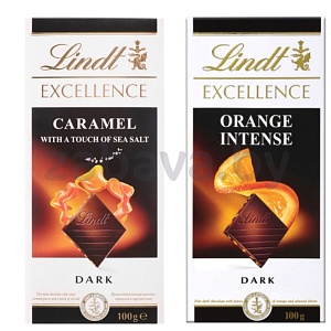 Шоколад Lindt Excellence, карамель-соль или миндаль-апельсин, 100 г