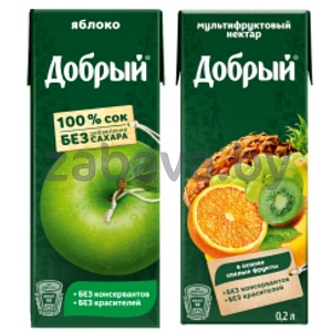 Сок или нектар «Добрый», 0,2 л, яблоко/мультифрукт