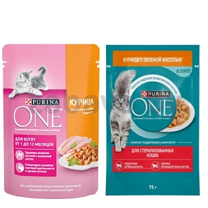 Корм Purina One для кошек, курица или курица-фасоль, 75 г