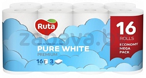 Туалетная бумага Ruta Pure White, белая, 3 слоя, 16 рулонов