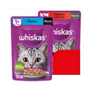 Корм Whiskas, желе лосось или паштет говядина-печень, 75 г