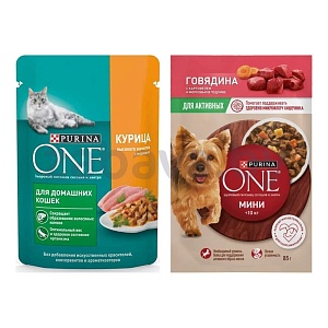 Корм Purina One для собак и кошек, 85/75 г, в ассорт.