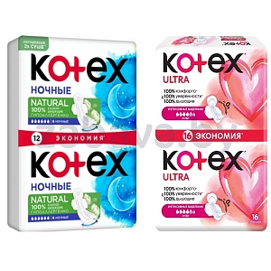 Прокладки женские Kotex, ночные 12 шт. или супер 16 шт.