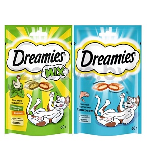 Лакомство д/кошек Dreamies Mix, лосось или курица с кошачьей мятой, 60 г