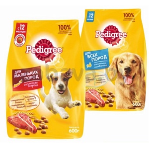 Корм для собак Pedigree, говядина, для всех пород/мал. пород, 600 г