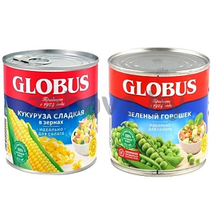 Горошек зеленый или кукуруза сладкая Globus, 425 мл/400 г