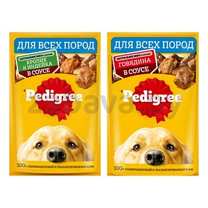 Корм для собак Pedigree, с говядиной в соусе или с кроликом и индейкой в соусе, 85 г