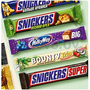 Батончик шок. Snickers/Milky Way/Bounty, в ассорт.