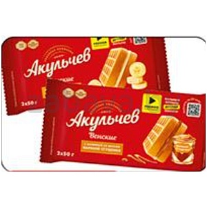 Вафли венские «Акульчев», банан или вар. сгущенка, РФ, 100 г